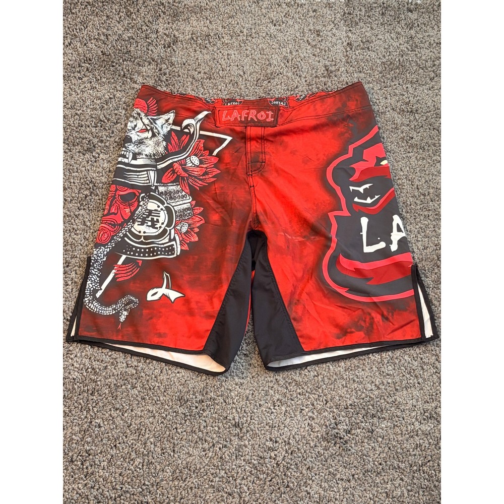 LAFROI Mens Agile Board Shorts Red Black Samurai Wolf MMA BJJ Trunks Size LG